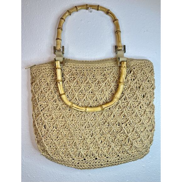 Woven Straw Purse With Bamboo Handles And Attached Coin Purse Charter Club - Picture 2 of 9